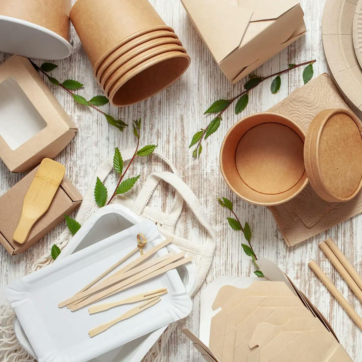 Eco-friendly party items made from cardboard and bamboo.