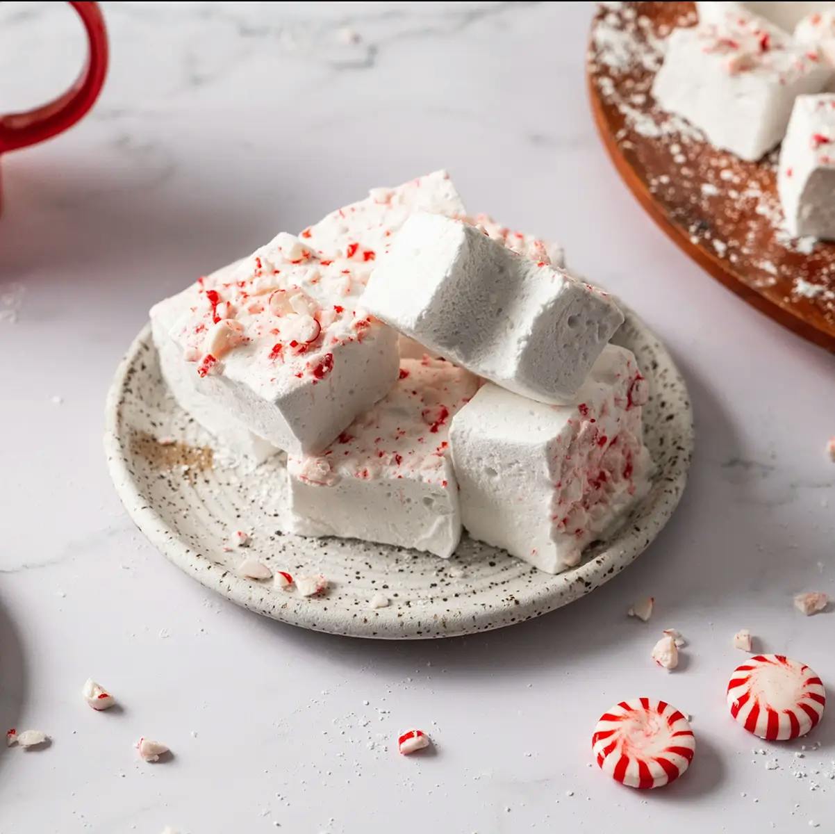 Homemade peppermint marshmallows on a plate.