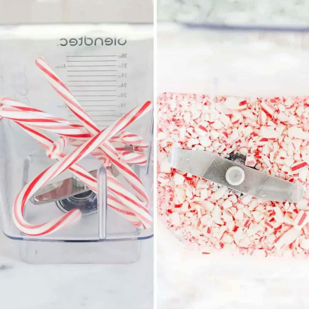 Candy canes being crushed in a food processor for a peppermint bark recipe.