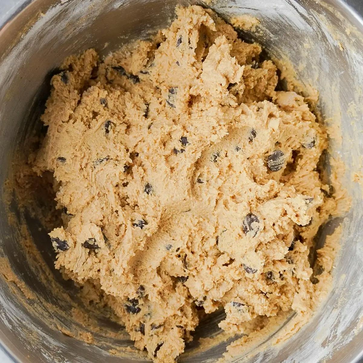 The finished vegan chocolate chip cookie dough, ready to chill.