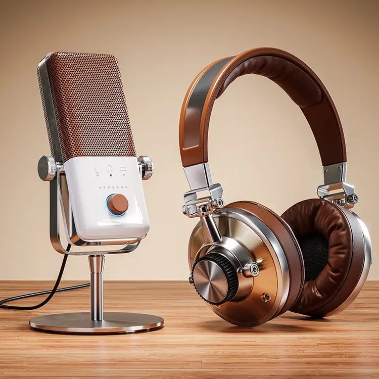 Copper-colored mic and headphones on desk