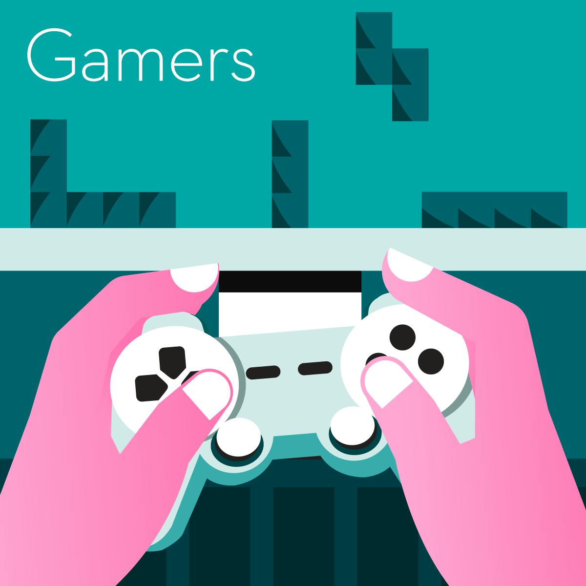 Illustration of a guide containing gifts for gamers, showing a pair of hands holding a game controller.