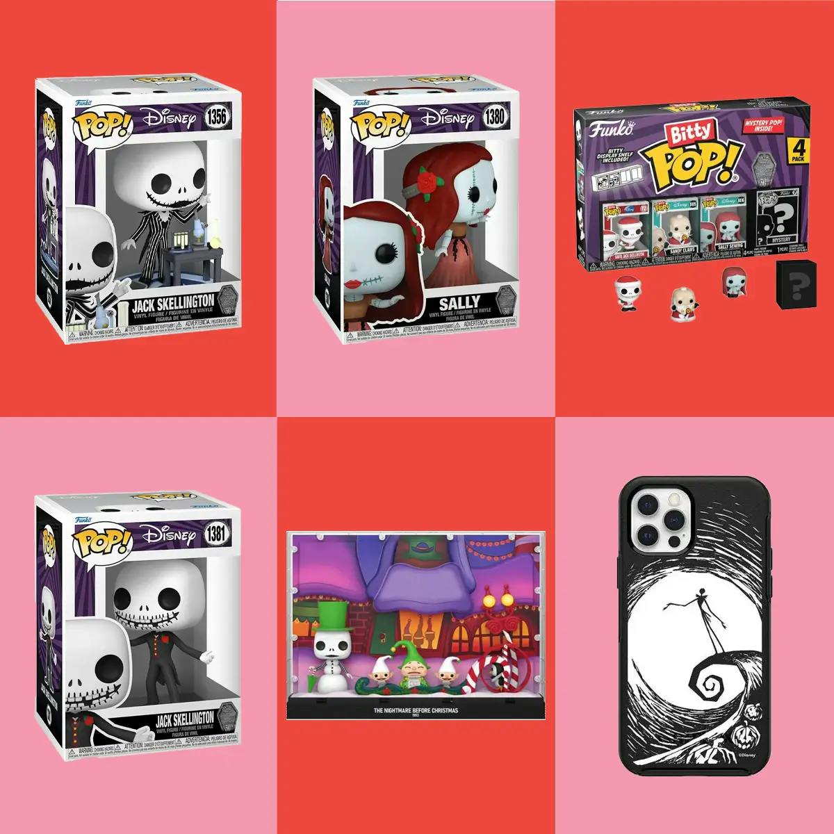 Montage of Nightmare Before Christmas products including characters from the film: Jack Skellington, Sally, Bitty Pop collection, the Nightmare Before Christmas carolers and the Nightmare Before Christmas iPhone Case.