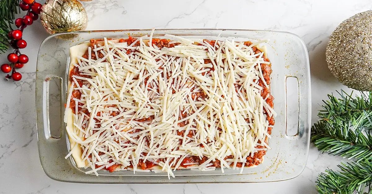 Final layer of a vegan lasagne meal recipe.