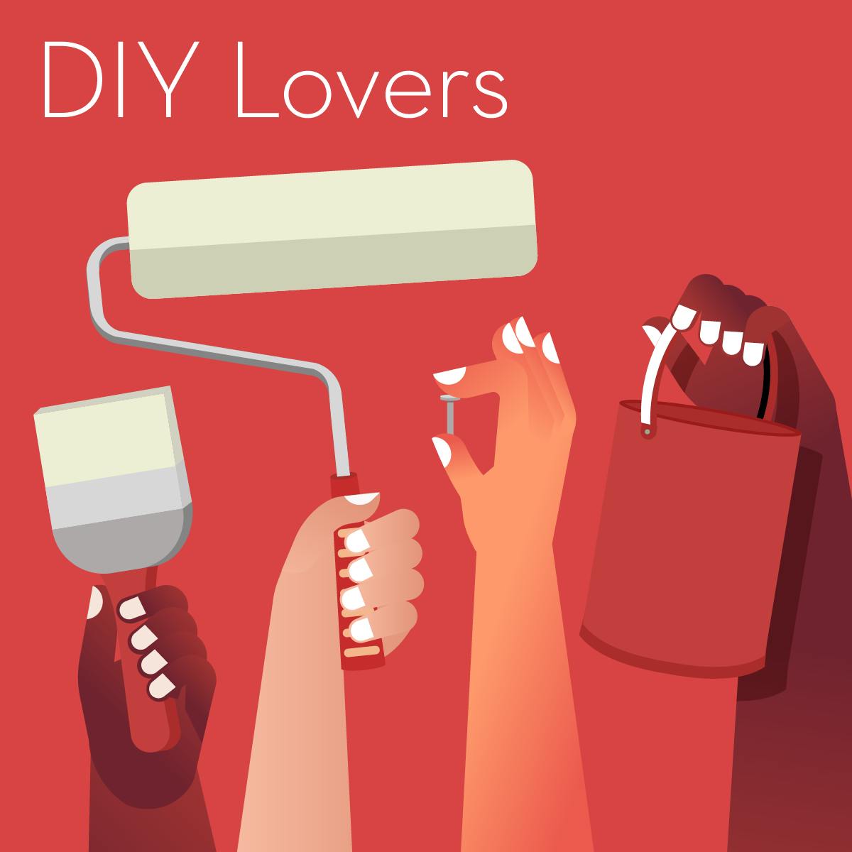 Illustration of a gift guide for DIY Lovers, showing hands holding a paint roller, paint can and paintbrush.