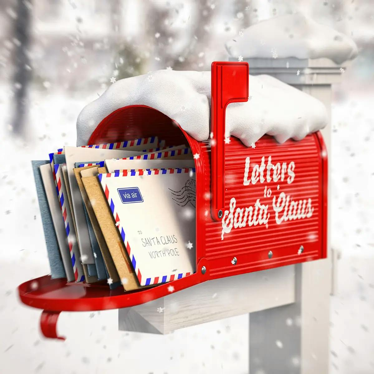 A red “Letters To Santa” mailbox with letters sticking out, surrounded by snow.