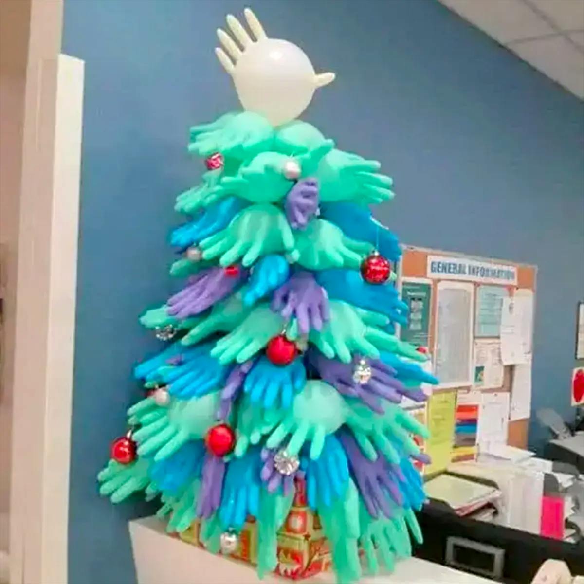 Christmas tree made from blown up latex gloves.