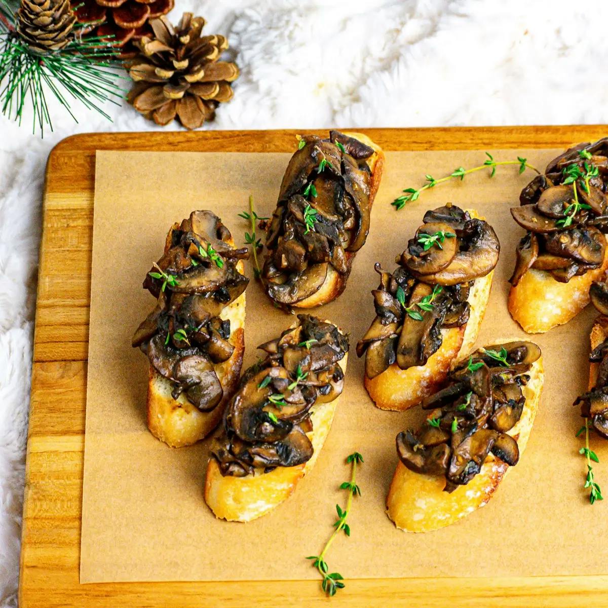 Caramelized mushrooms on gluten-free toast holiday appetizer.