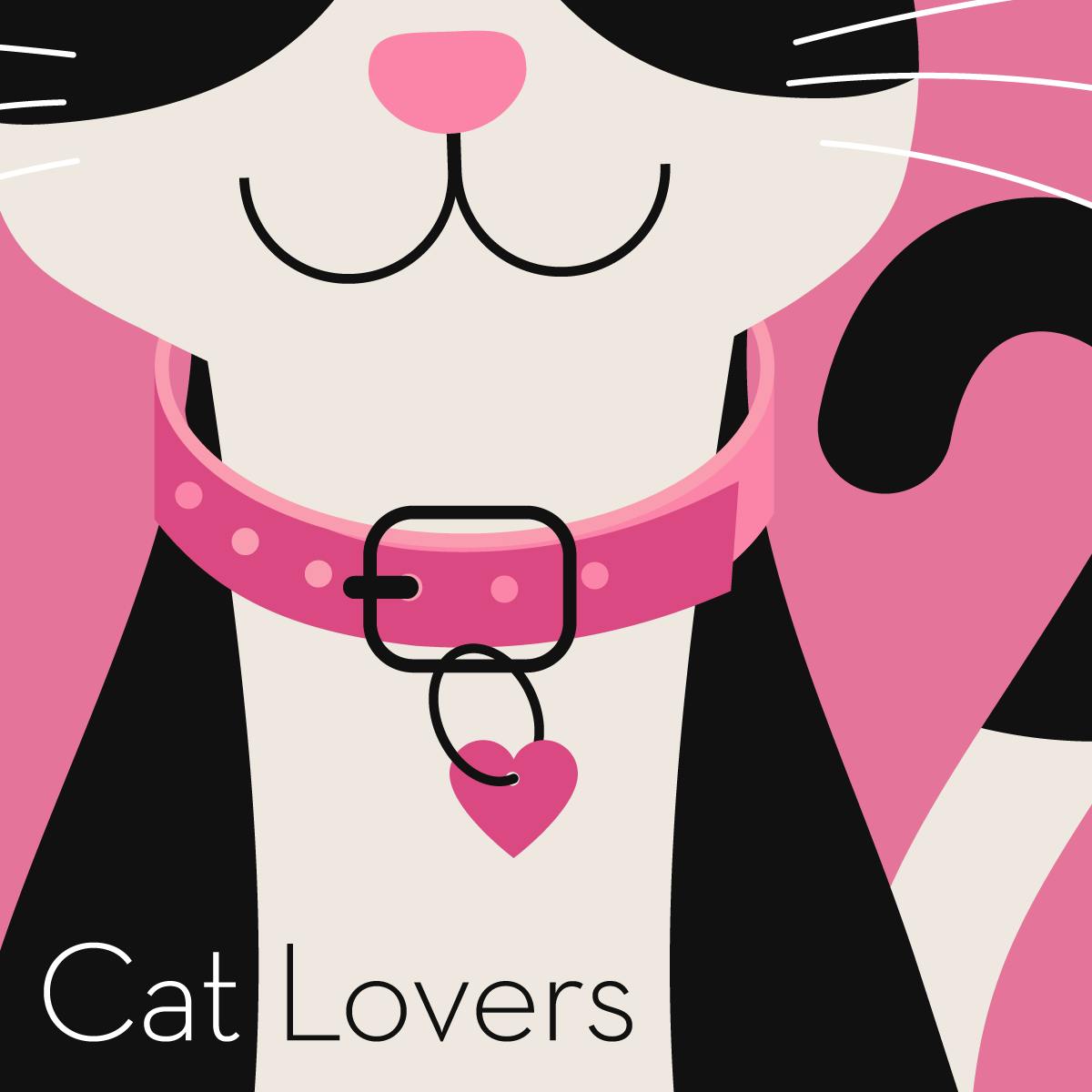 Illustration of a gift guide for cat lovers, showing a black and white cat wearing a pink collar with a heart.