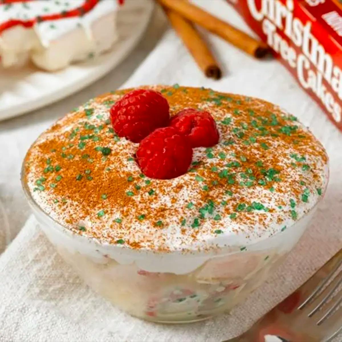 Tres Leches dessert made with Little Debbie Christmas Tree Cakes.