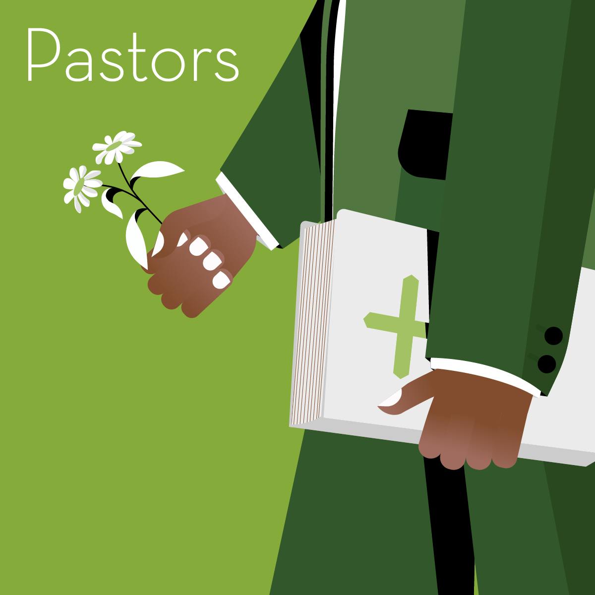 Illustration of a gift guide for pastors, showing a priest holding a bible and a flower.