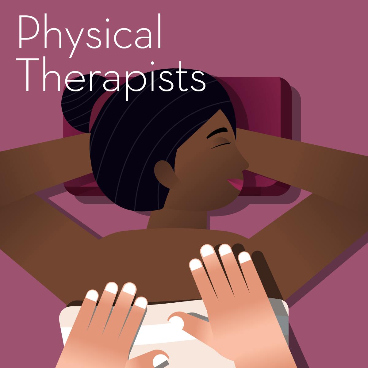 Illustration of a guide containing gifts for physical therapists. A woman is lying on a massage table wrapped in a towel, and a pair of hands are giving a massage.
