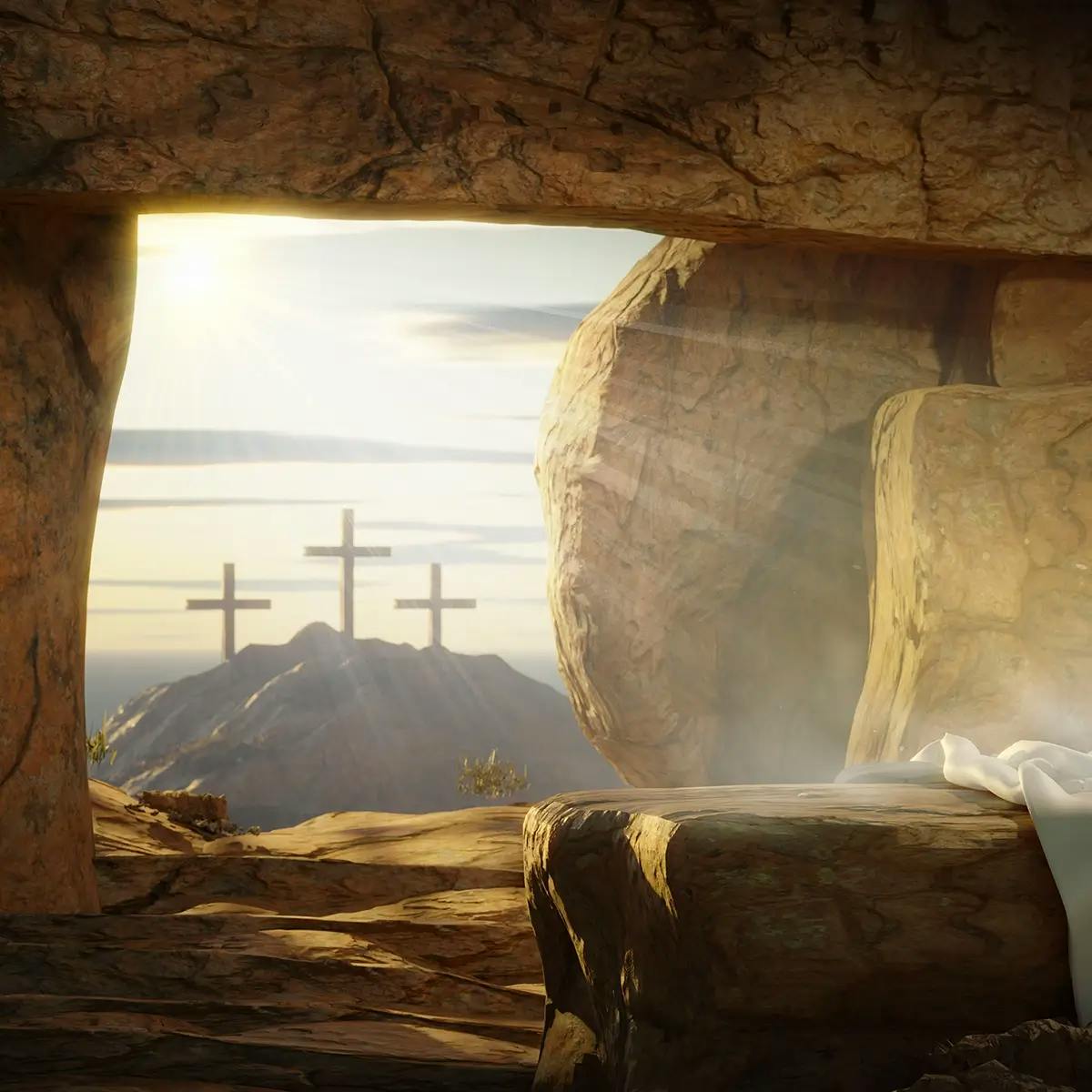 Easter illustration of empty tomb of Jesus Christ, with three crosses on hill symbolizing crucifixion and resurrection.