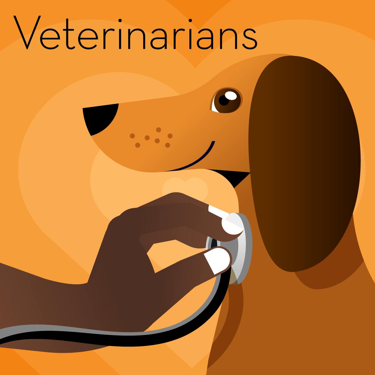 Illustration of a guide containing gifts for veterinarians, showing a hand placing a stethoscope on a dog’s chest. 