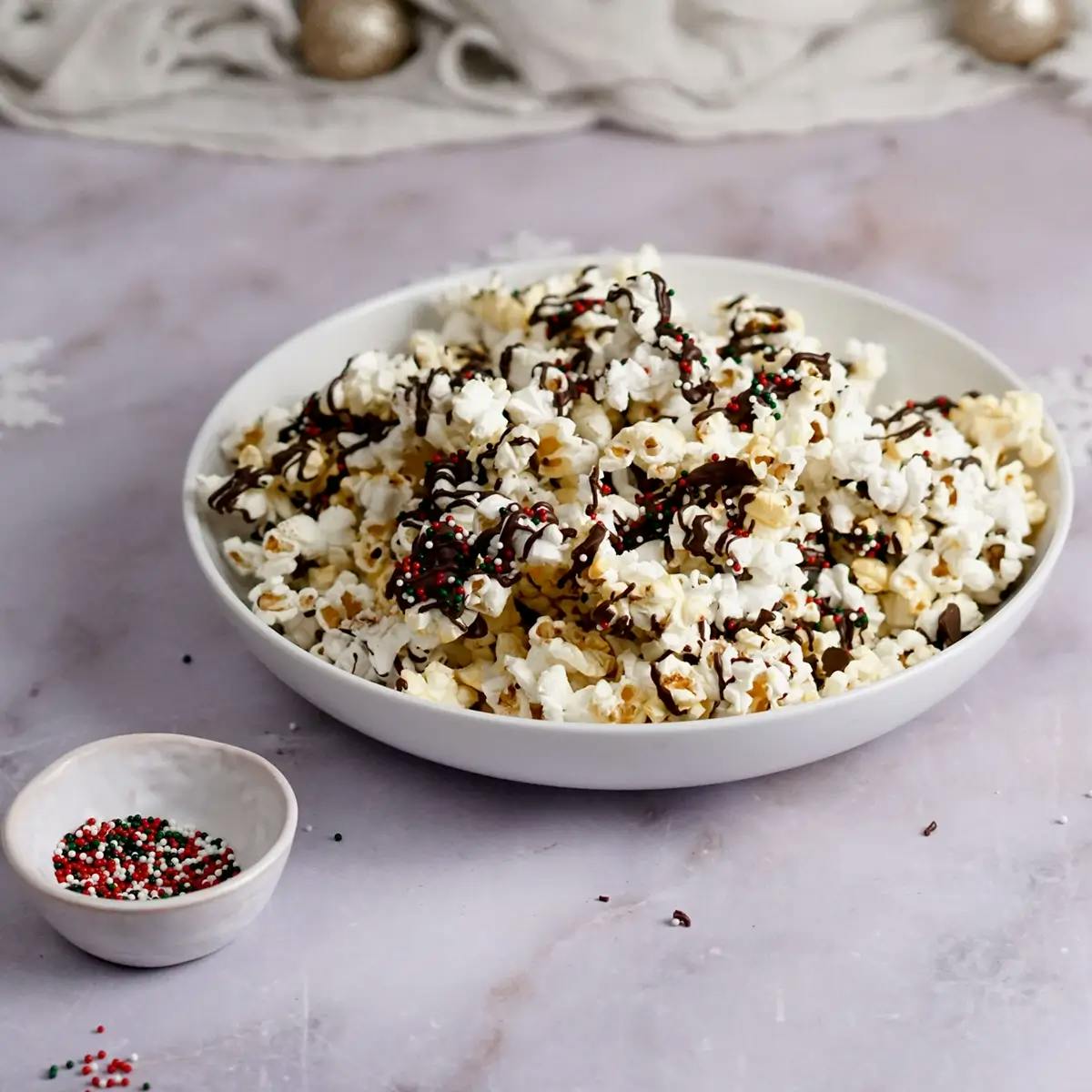 A bowl of Christmas popcorn drizzled with peppermint dark chocolate and topped with sprinkles.