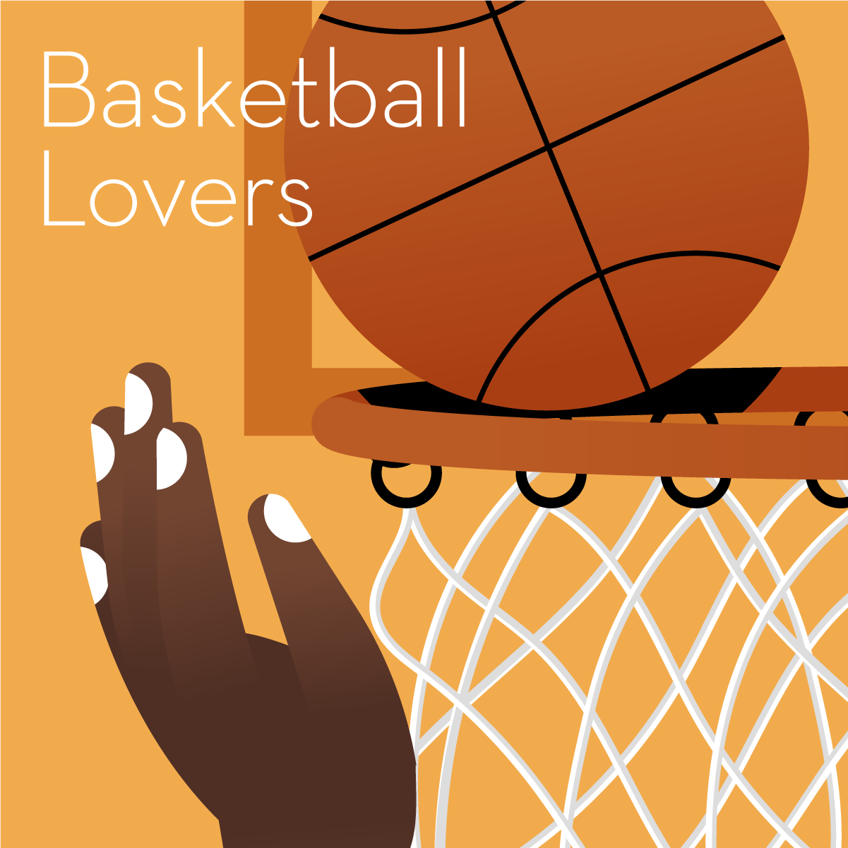  Illustration of a gift guide containing gifts for basketball fans. A hand is tipping a basketball into a hoop.