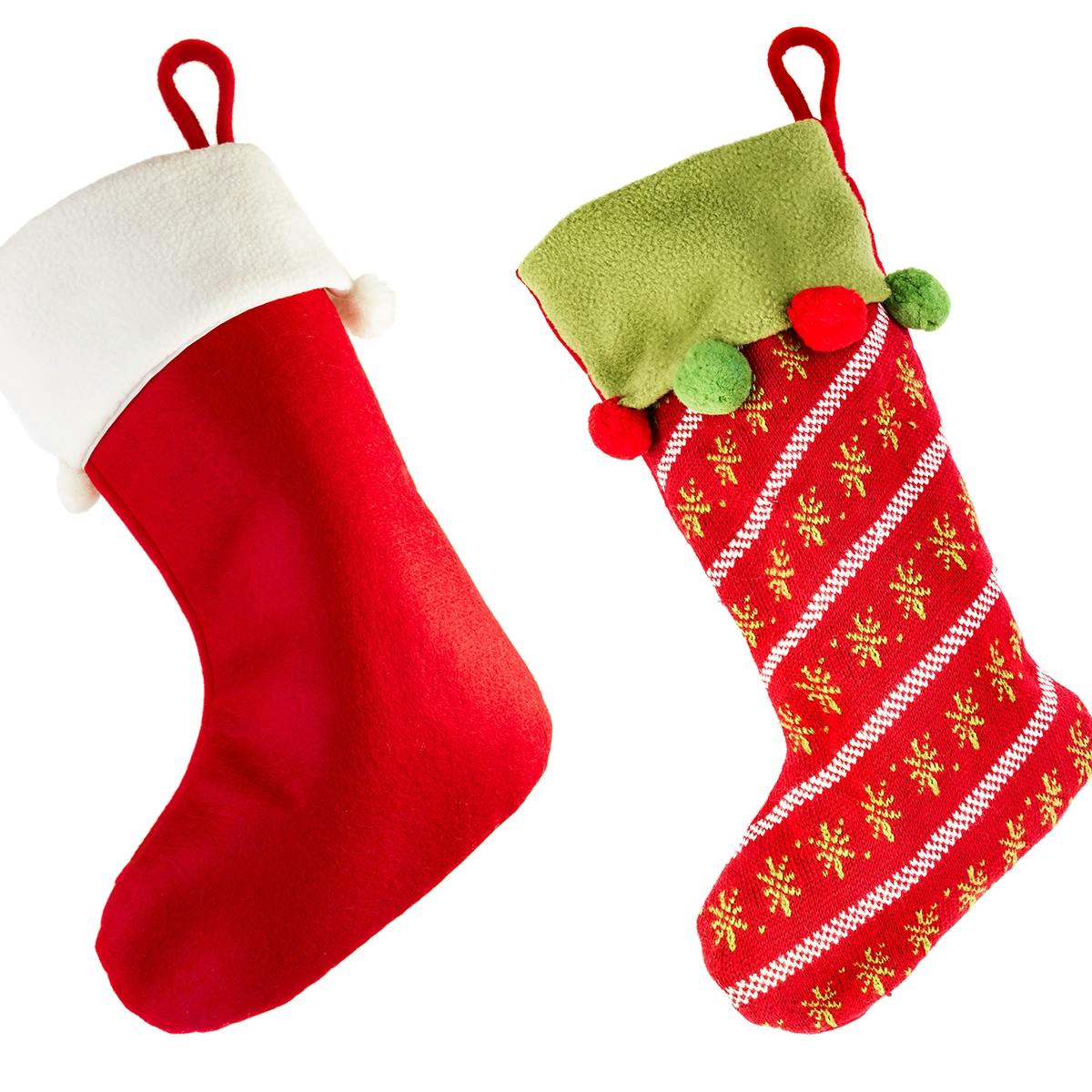Three festive holiday stockings in red, green and white with red felt loops for hanging.