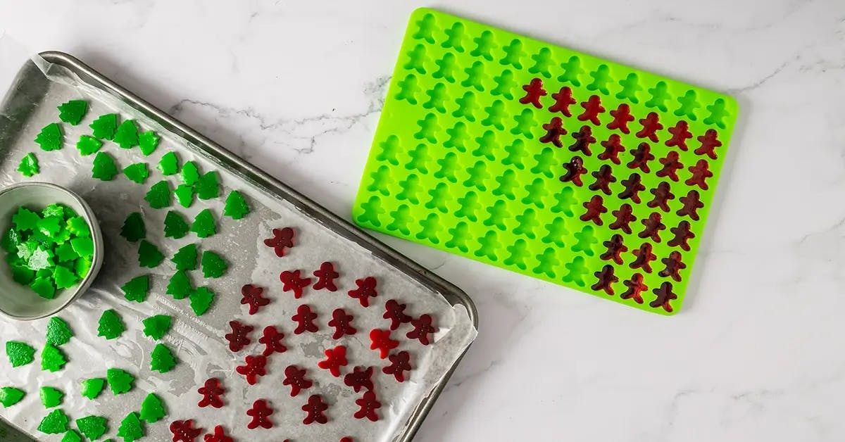 Red and green gummy Christmas candy, ready to eat or gift.