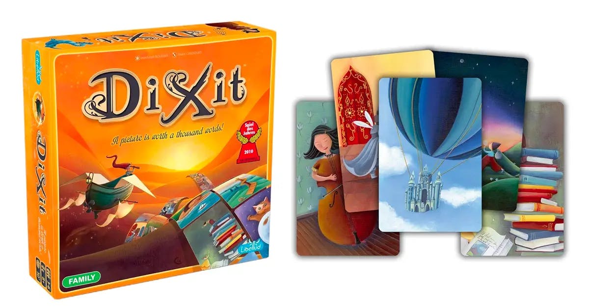 A Dixit game box, with cards on the right.