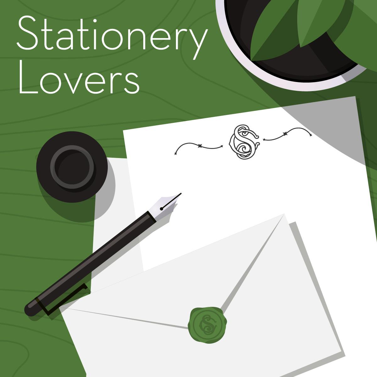 Illustration of a gift guide for stationery lovers. showing notepaper, an envelope, a fountain pen, and an ink bottle all on a green background.