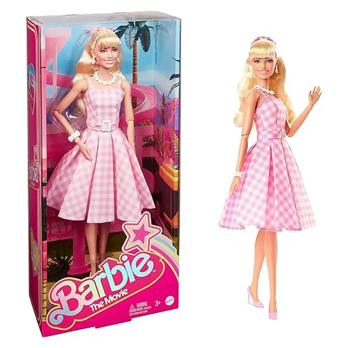 Barbie The Movie Doll: Margot Robbie as Barbie, Collectible doll wearing pink and white gingham dress with daisy chain necklace.