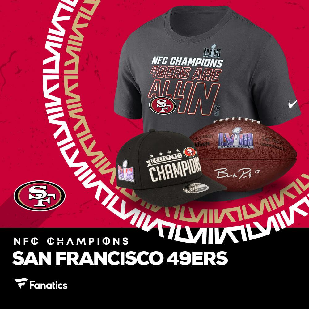 Ad for Fanatics showing a hat, t-shirt and football for the San Francisco 49ers.