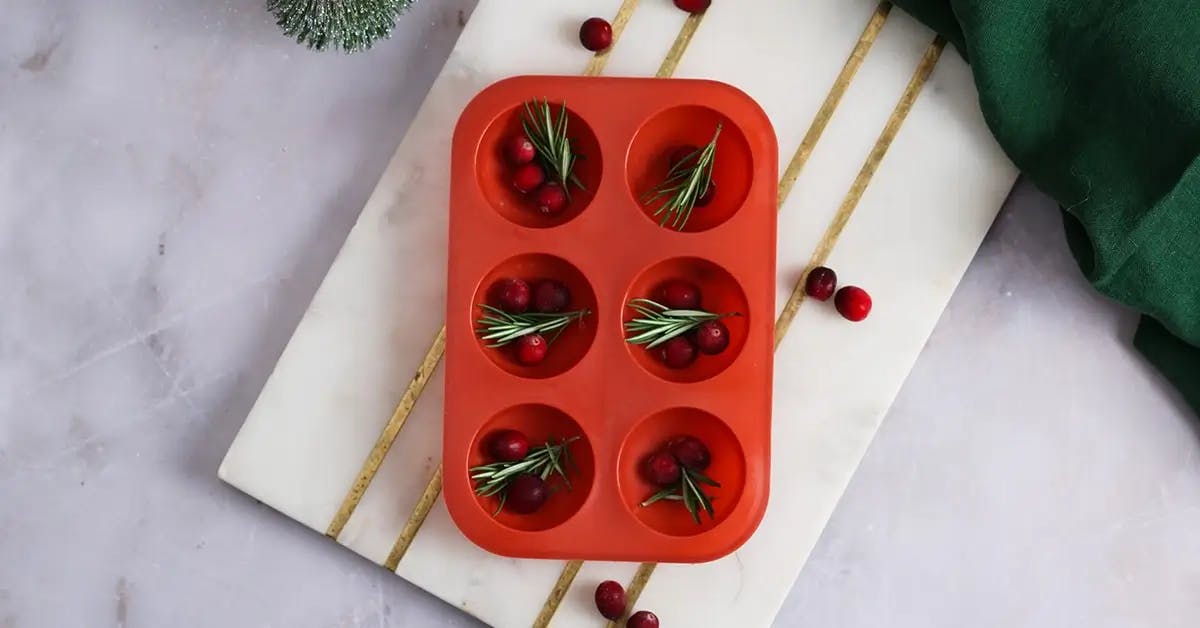 Cranberries and rosemary springs in an ice cube mold.