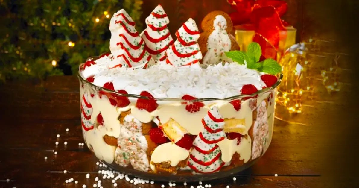 Trifle made with Little Debbie Christmas Tree Cakes.
