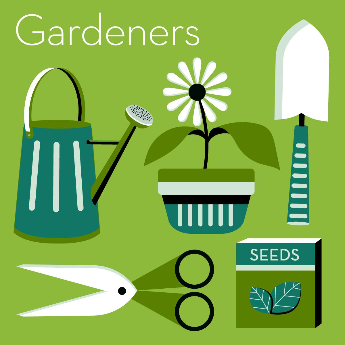 Illustration of a guide to gifts for gardeners, showing a watering can, plant, shears, trowel, and seed packet. 