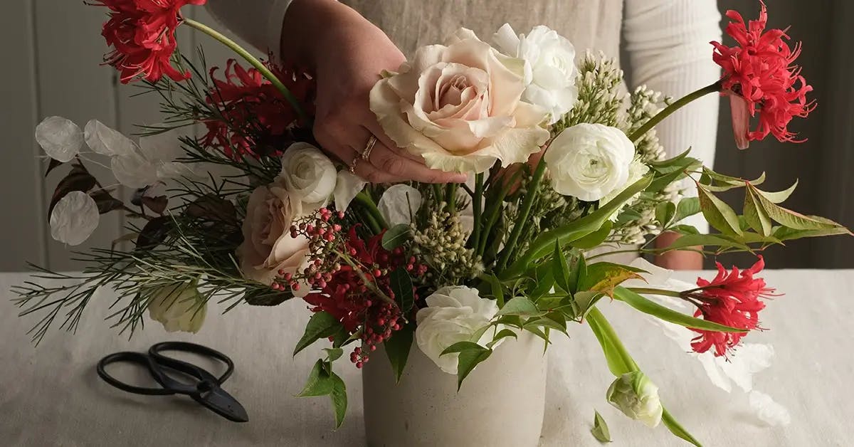 Hands adding flowers to a vase for a Christmas centerpiece.