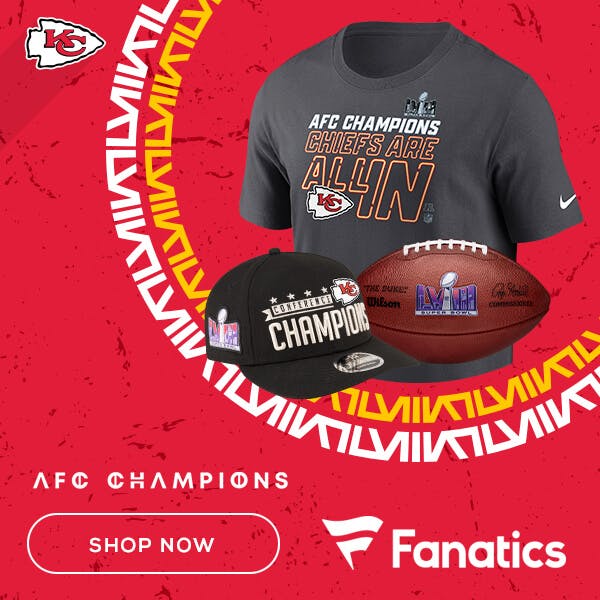 Ad for Fanatics showing a hat, t-shirt, and football for the Kansas City Chiefs.
