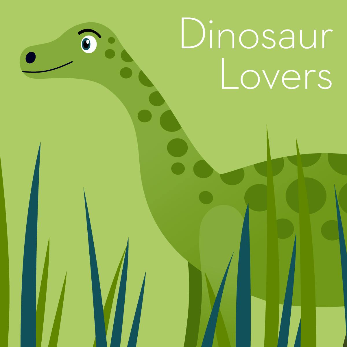 Illustration of a gift guide for dinosaur toys, featuring a green dinosaur in long grass.