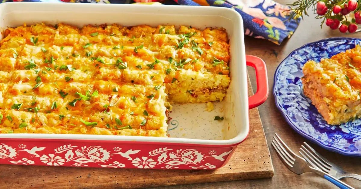 A Christmas breakfast casserole made from tater tots.