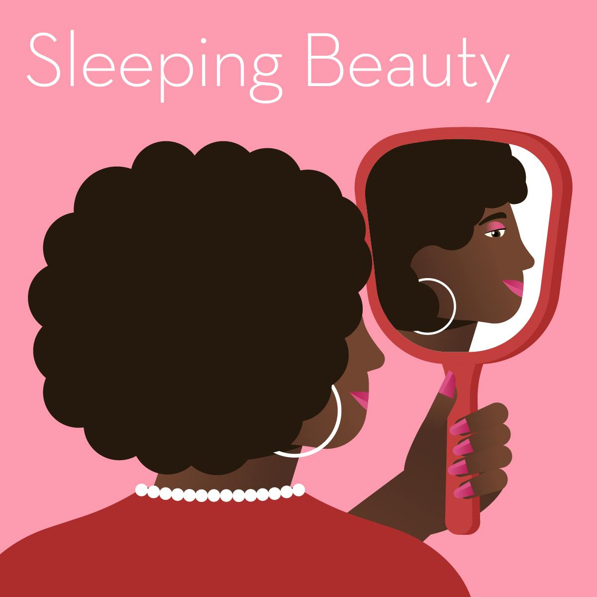 Illustration of a gift guide for helping get a peaceful sleep. Shows a Black woman holding a mirror.