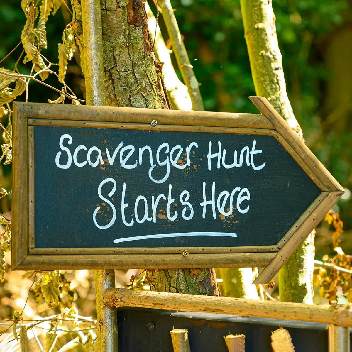 Scavenger Hunt Starts Here sign attached to tree in the woods.