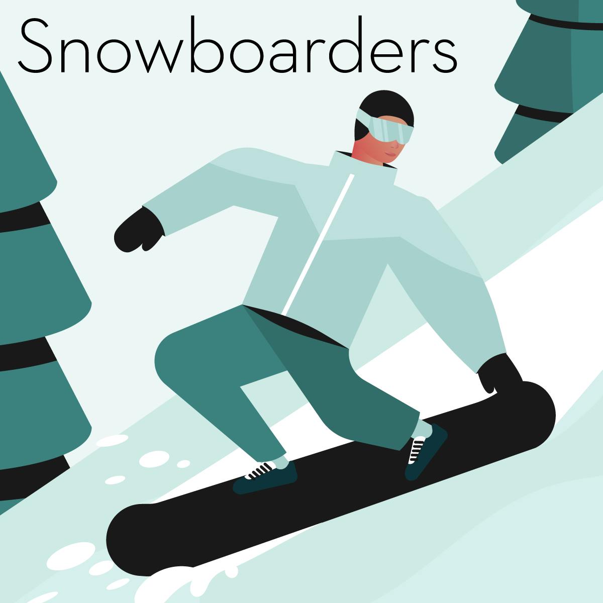Illustration of a gift guide for snowboarders, snowing a person in goggles and insulated clothing snowboarding down a mountain.