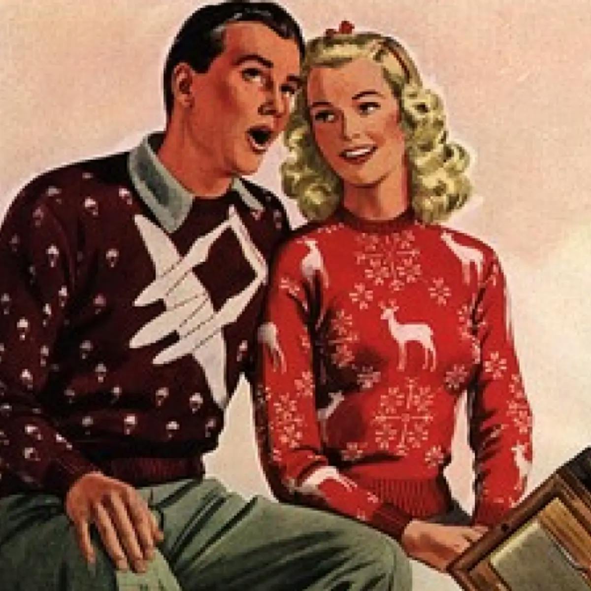 Man and woman in 1950s advertisement, wearing the first Christmas sweaters.