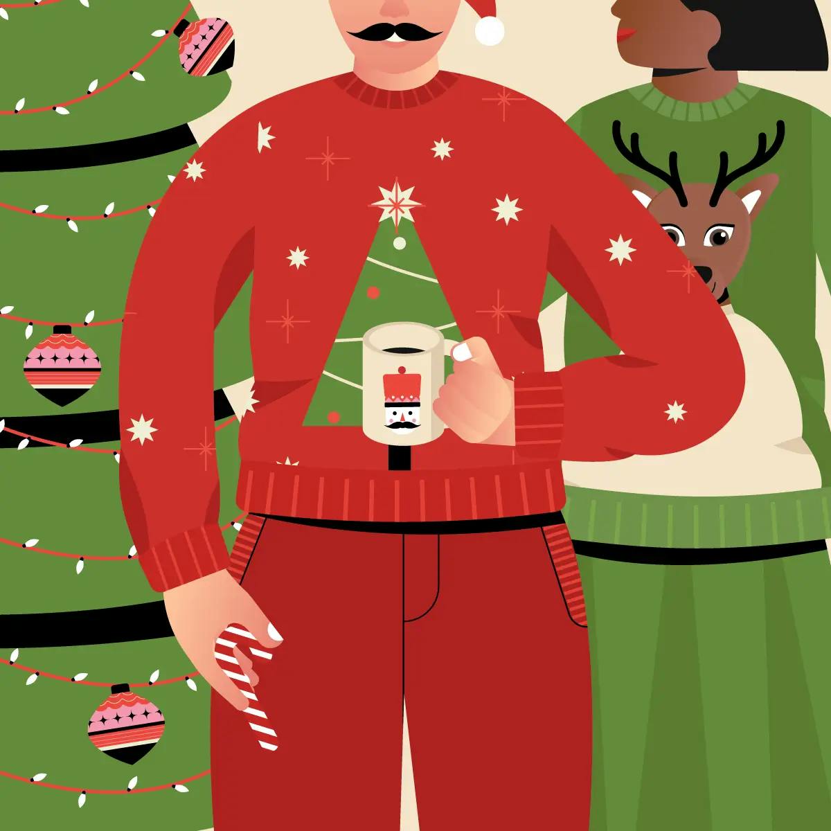 Illustration showing the torso of a man and a woman wearing ugly Christmas sweaters. The man is holding a mug of hot chocolate and there’s a Christmas tree in the background.
