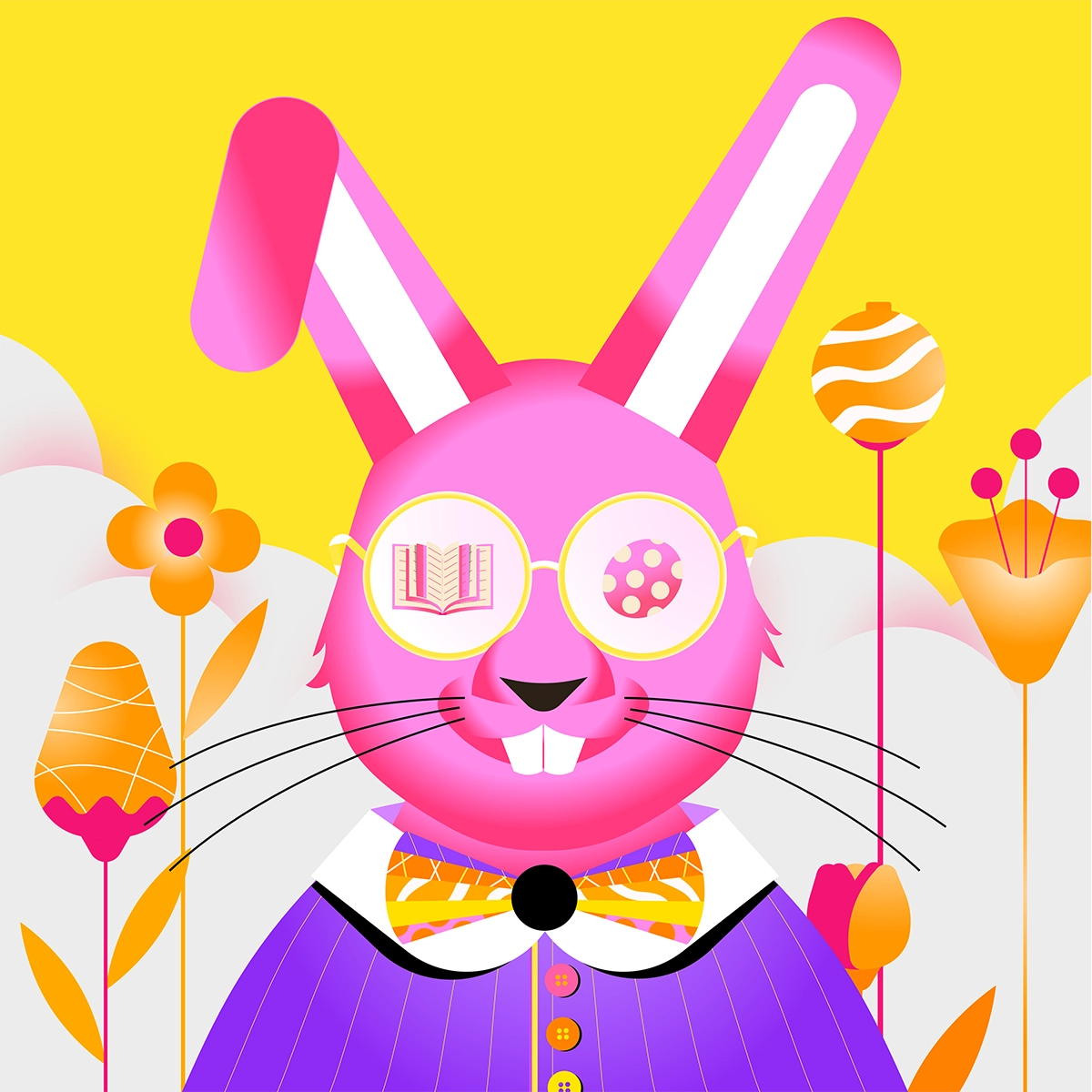 Illustration of Easter bunny wearing sunglasses and a bowtie, and surrounded by flowers