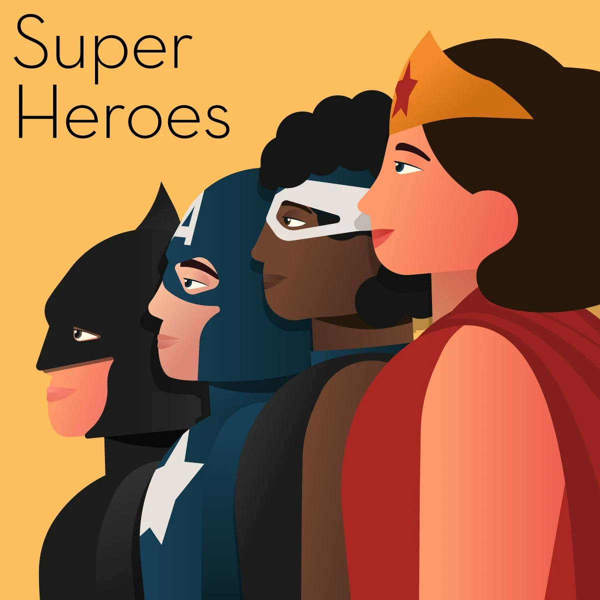 Illustration of a gift guide containing gifts for superhero fans.Illustration shows Batman, Captain America, General Okoye, and Wonder Woman. 
