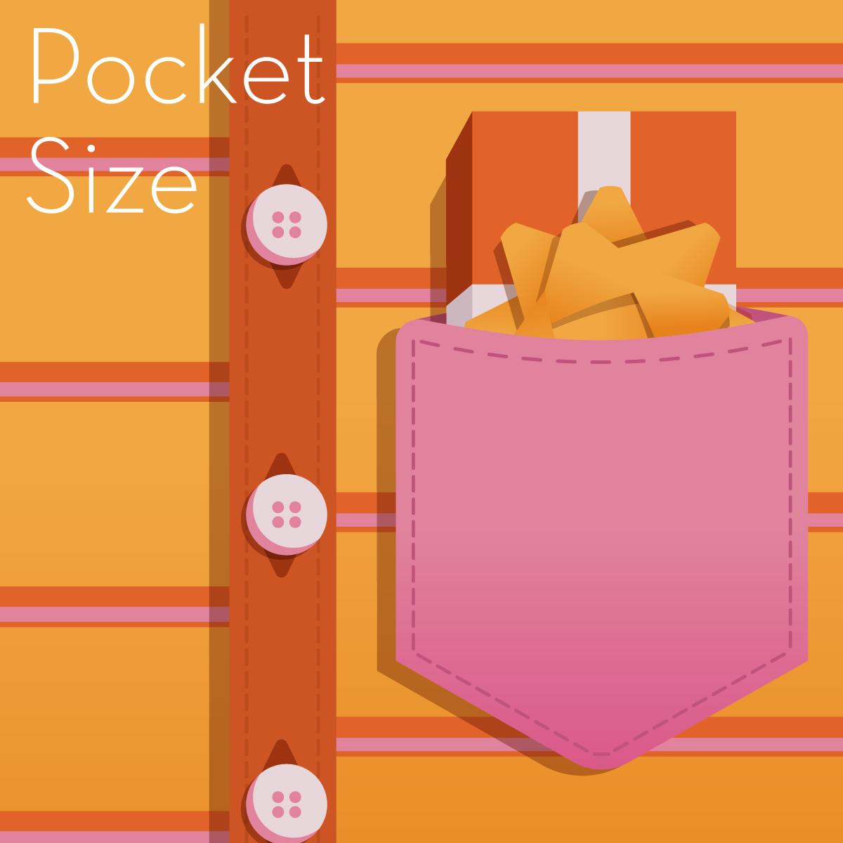 Ilustration of a gift guide containing practical pocket-sized gifts for men. Illustration shows a pink breast pocket containing a small gift, on an orange-striped shirt.