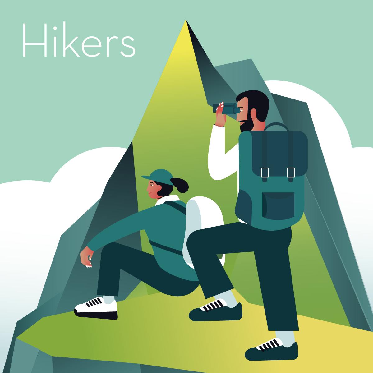 Illustration of a gift guide of gifts for hikers, showing a man and a woman on top of a mountain. They are both wearing backpacks and the man is holding a pair of binoculars.