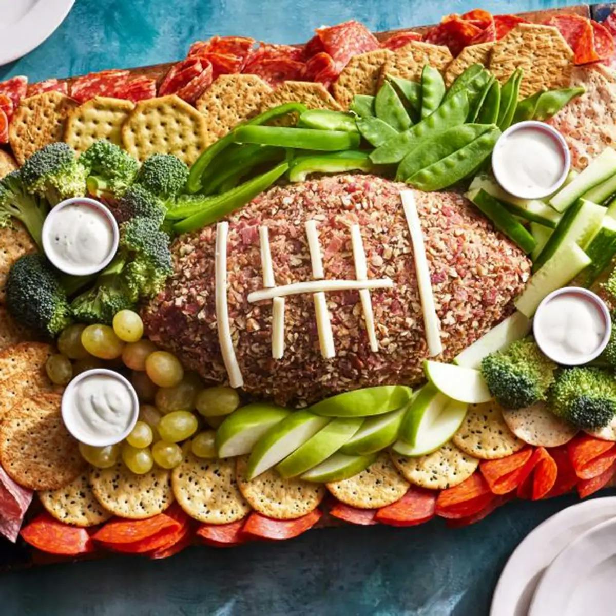 A cheese ball shaped like a football for Super Bowl Sunday, surrounded by a charcuterie board of vegetables and crackers.
