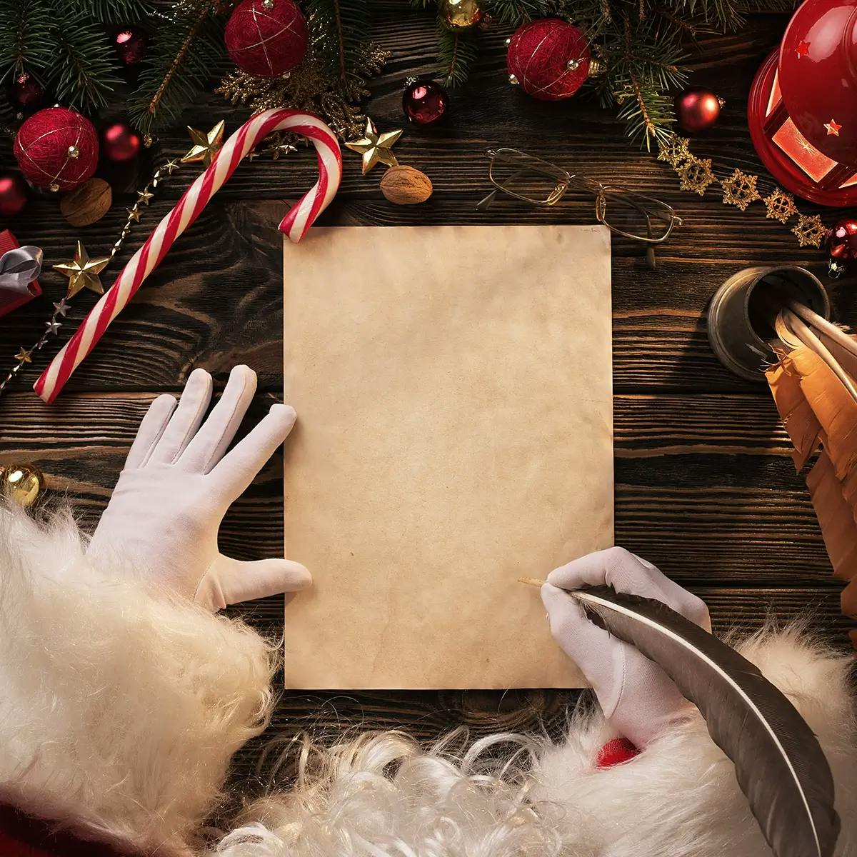 Santa’s gloved hands holding a quill pen, writing on a piece of parchment paper surrounded by holiday festive adornments and candy canes.