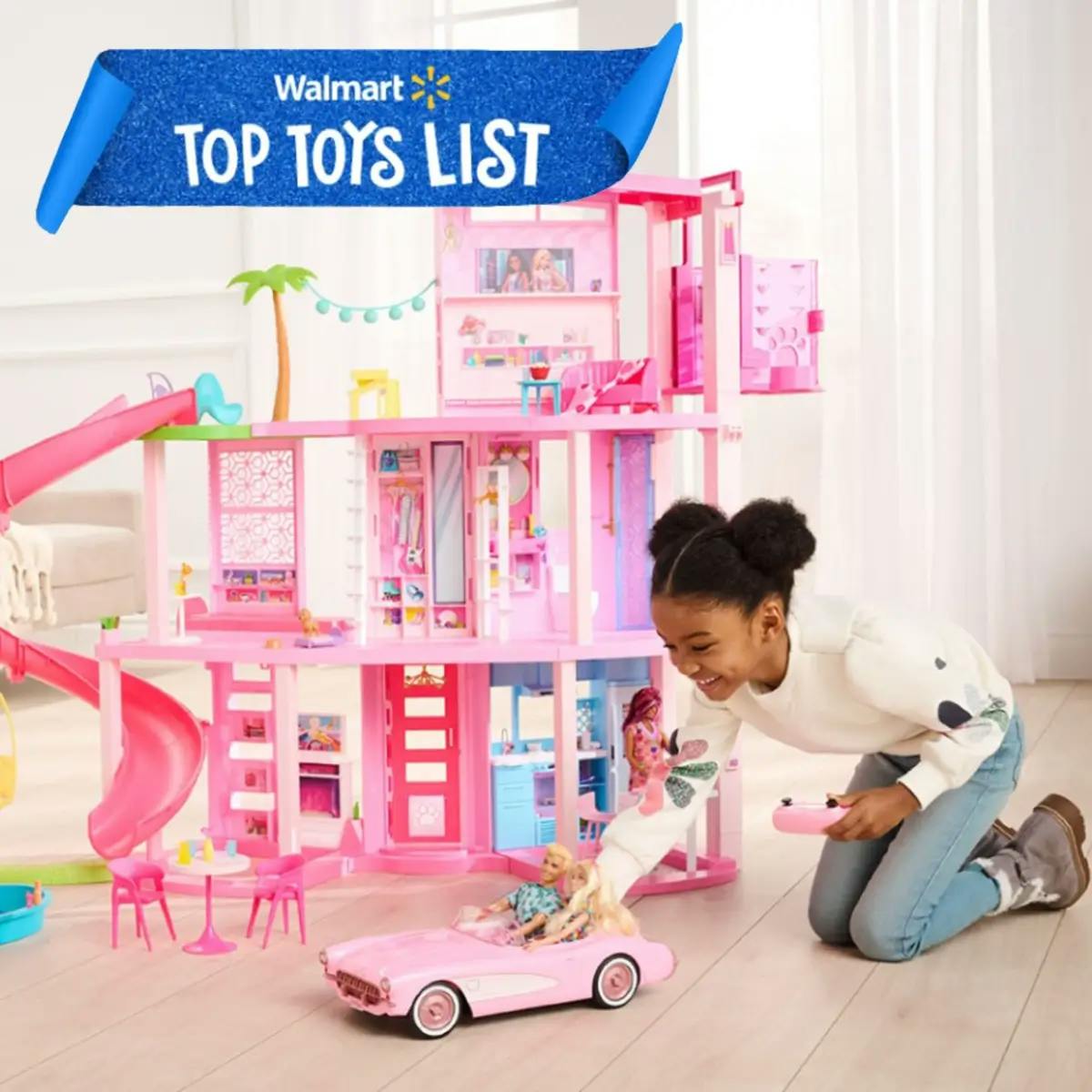 Child playing with Barbie Dreamhouse and Barbie Corvette, on the cover of the 20223 Walmart Top Toy Guide.