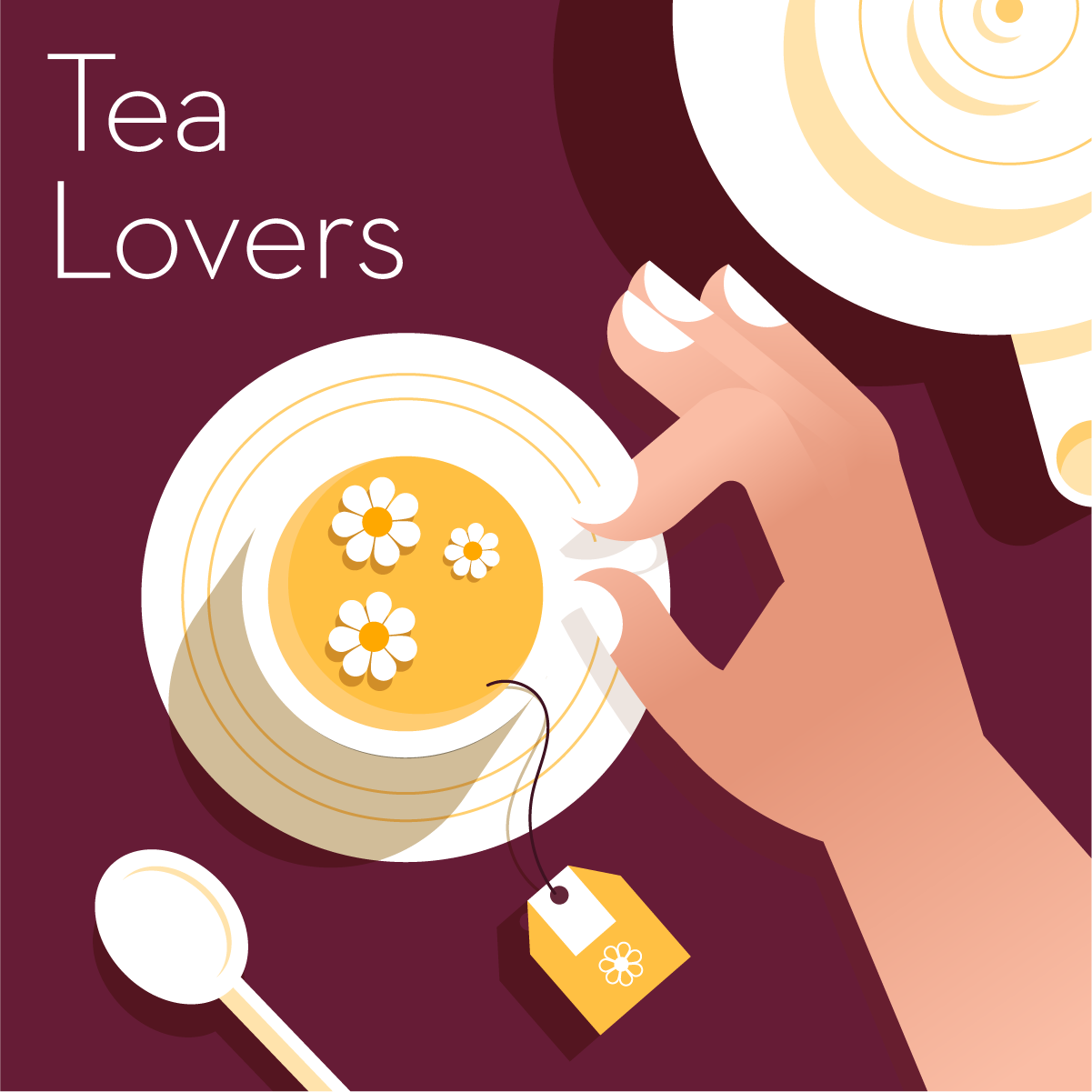 Illustration of a gift guide containing gifts for tea lovers, showing a cup of tea with flowers floating on top.