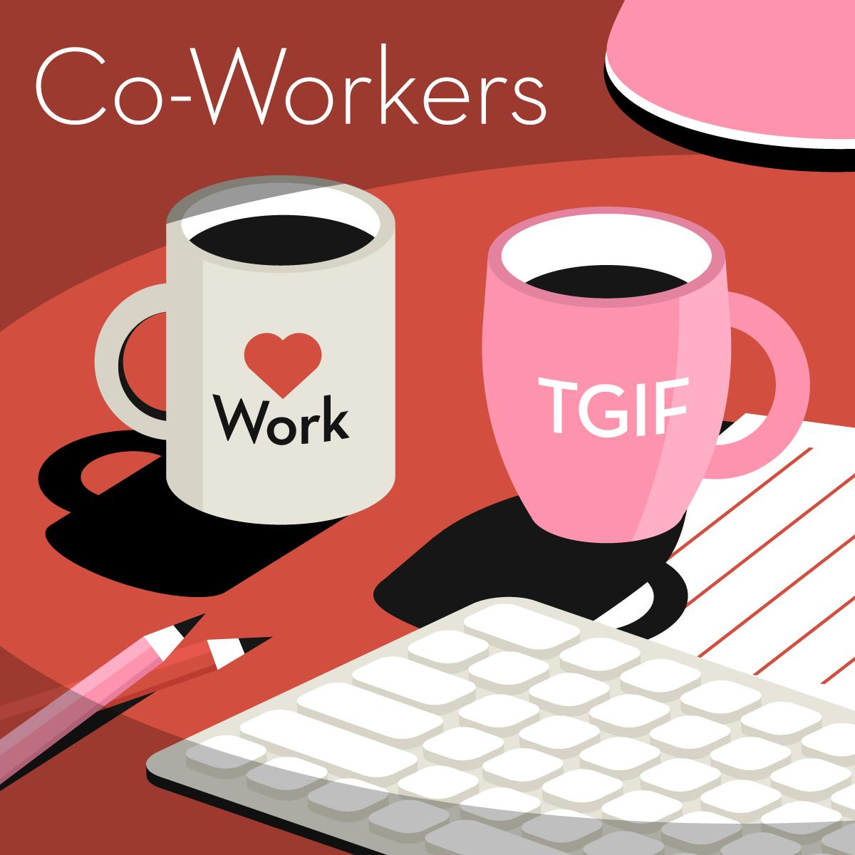 Illustration of a gift guide for co-workers, showing a mug that says “Heart Work” and another that says “TGIF.” Also shown are a keyboard and two pencils.