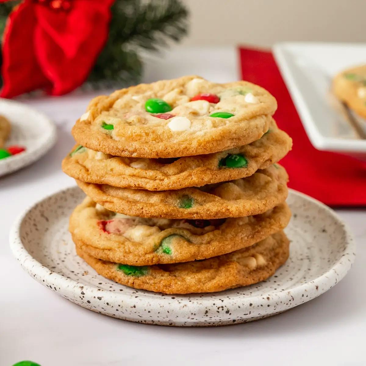A stack of Christmas M&M Cookies.