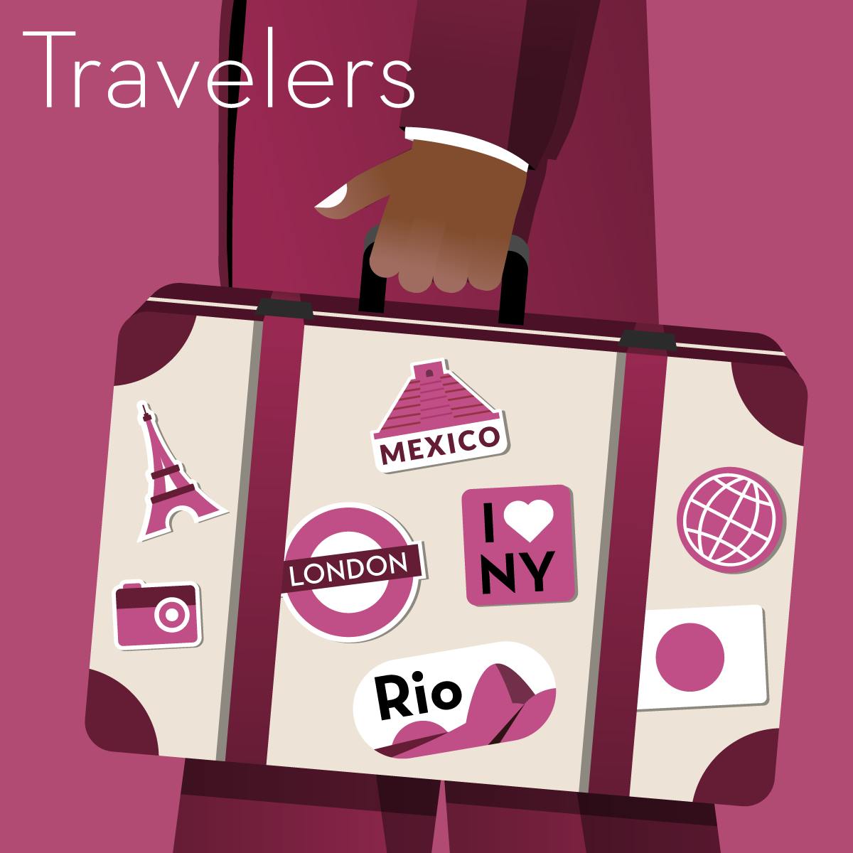 Illustration on a guide containing gifts for travelers. A hand holds a suitcase covered in stickers of places the traveler has visited.