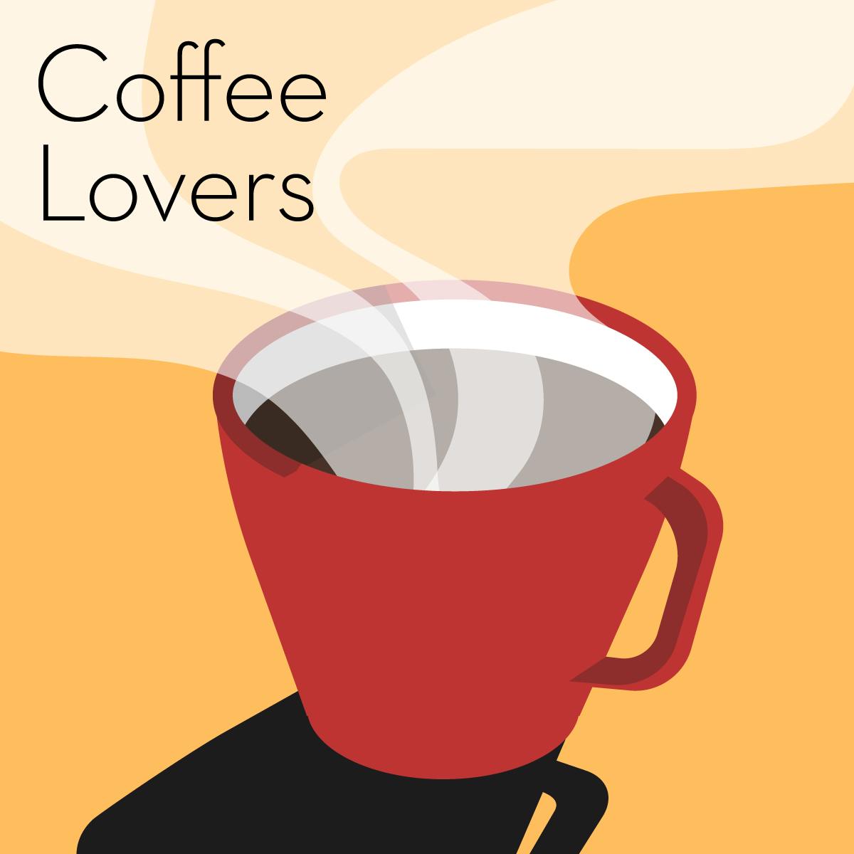 Illustration of a gift guide containing gifts for coffee lovers. Illustration shows a red cup of steaming coffee on an orange background.